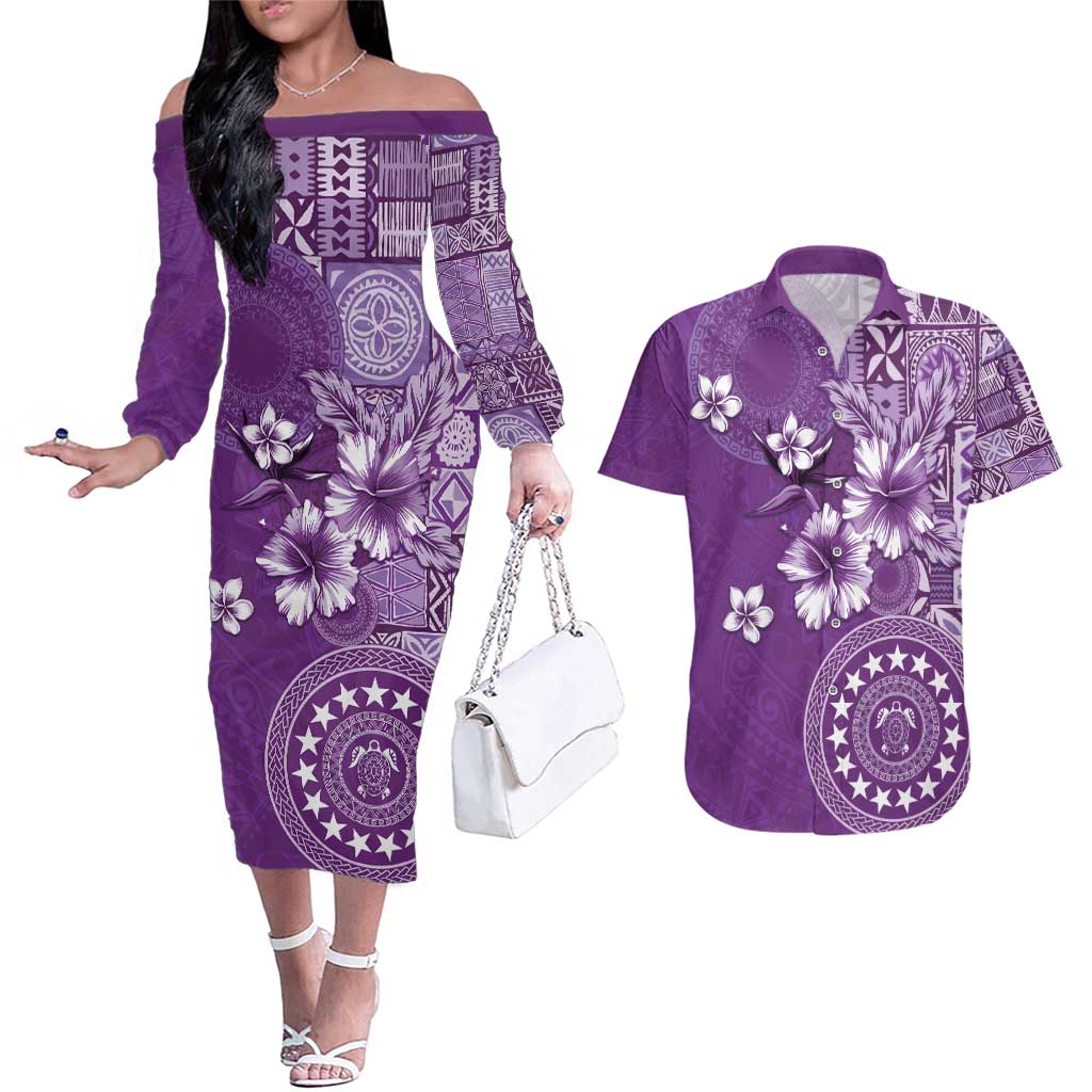 Cook Islands Couples Matching Off The Shoulder Long Sleeve Dress and Hawaiian Shirt Purple Hibiscus And Stars LT05 Purple - Polynesian Pride