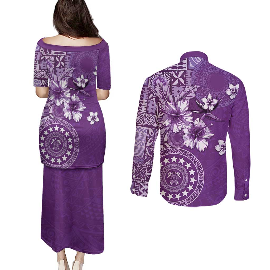 Cook Islands Couples Matching Puletasi and Long Sleeve Button Shirt Purple Hibiscus And Stars LT05 - Polynesian Pride