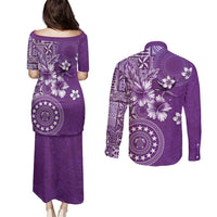 Cook Islands Couples Matching Puletasi and Long Sleeve Button Shirt Purple Hibiscus And Stars LT05 - Polynesian Pride