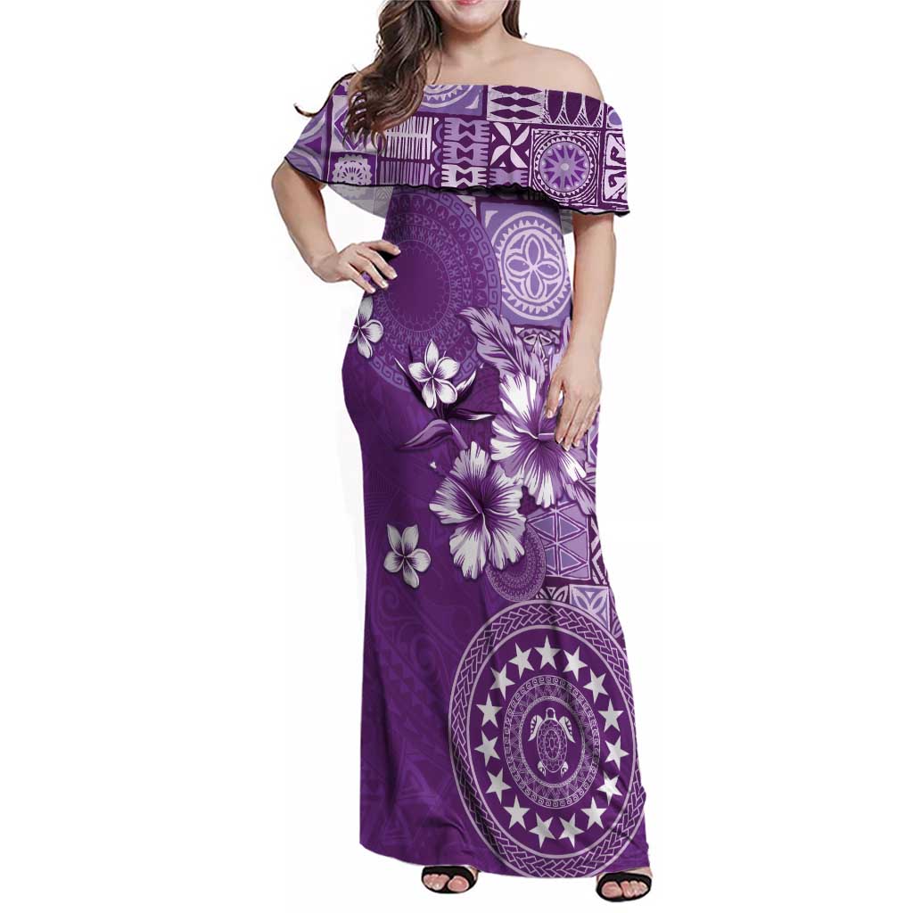 Cook Islands Family Matching Off Shoulder Maxi Dress and Hawaiian Shirt Purple Hibiscus And Stars