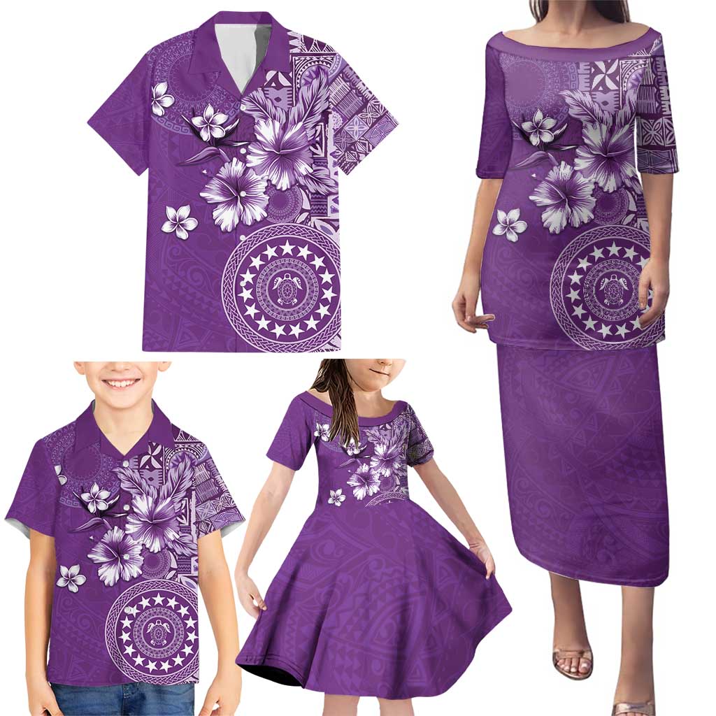 Cook Islands Family Matching Puletasi and Hawaiian Shirt Purple Hibiscus And Stars