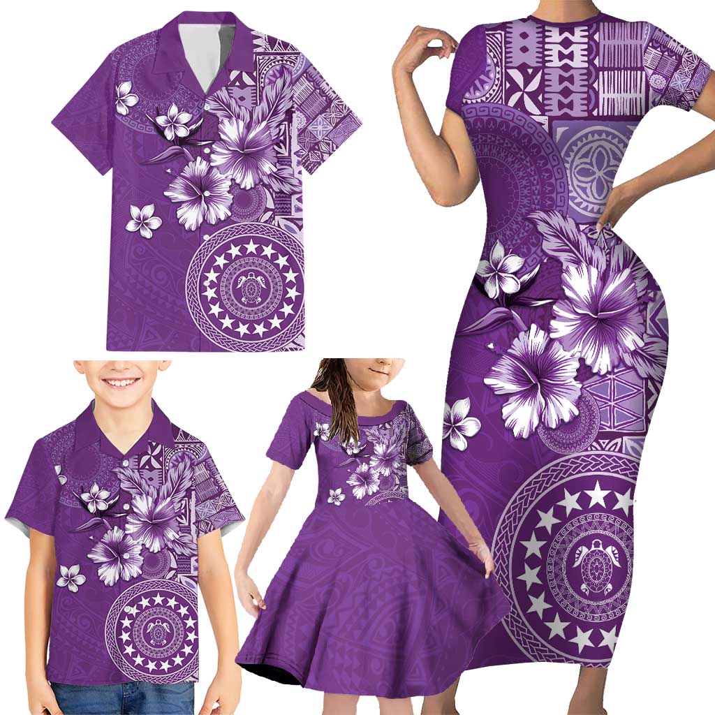 Cook Islands Family Matching Short Sleeve Bodycon Dress and Hawaiian Shirt Purple Hibiscus And Stars