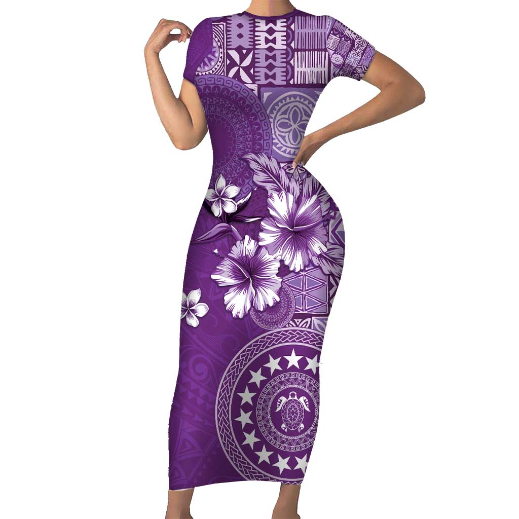 Cook Islands Family Matching Short Sleeve Bodycon Dress and Hawaiian Shirt Purple Hibiscus And Stars