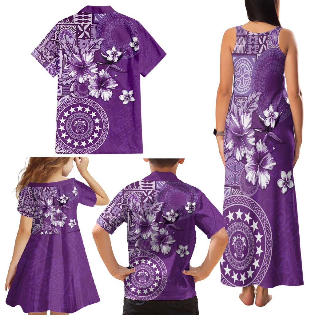 Cook Islands Family Matching Tank Maxi Dress and Hawaiian Shirt Purple Hibiscus And Stars