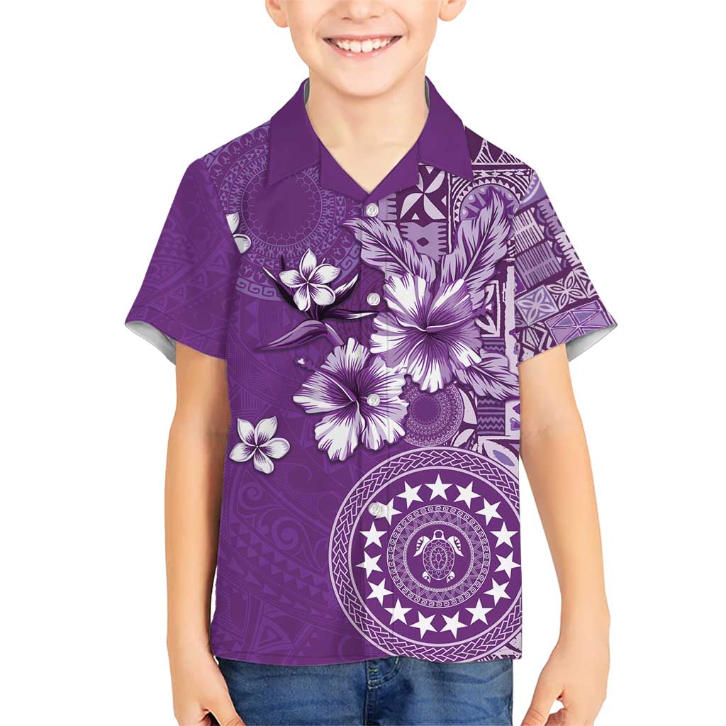 Cook Islands Kid Hawaiian Shirt Purple Hibiscus And Stars