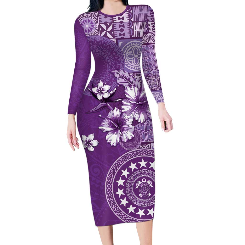 Cook Islands Long Sleeve Bodycon Dress Purple Hibiscus And Stars