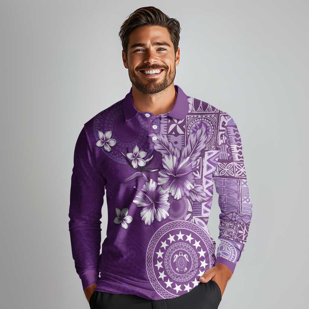 Cook Islands Long Sleeve Polo Shirt Purple Hibiscus And Stars