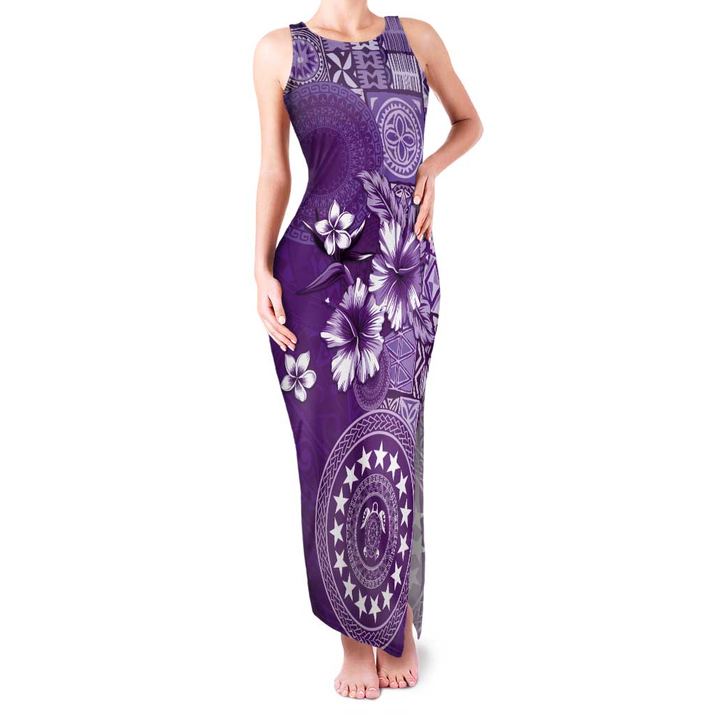 Cook Islands Tank Maxi Dress Purple Hibiscus And Stars LT05 Women Purple - Polynesian Pride