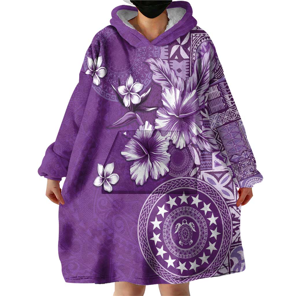 Cook Islands Wearable Blanket Hoodie Purple Hibiscus And Stars