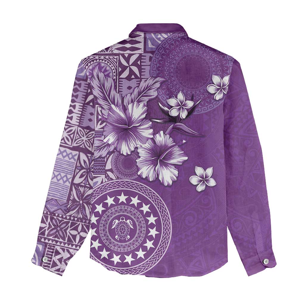 Cook Islands Women Casual Shirt Purple Hibiscus And Stars