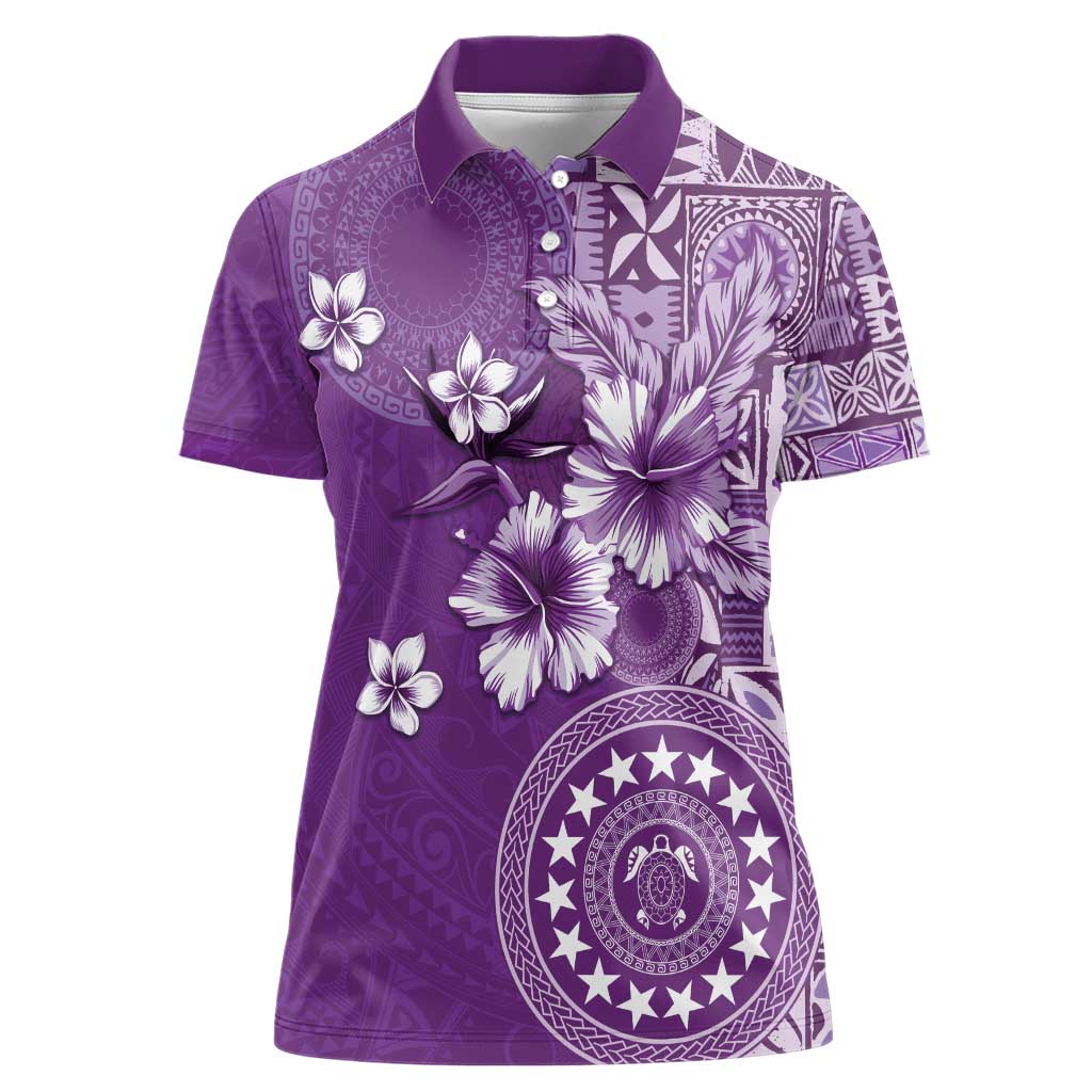 Cook Islands Women Polo Shirt Purple Hibiscus And Stars