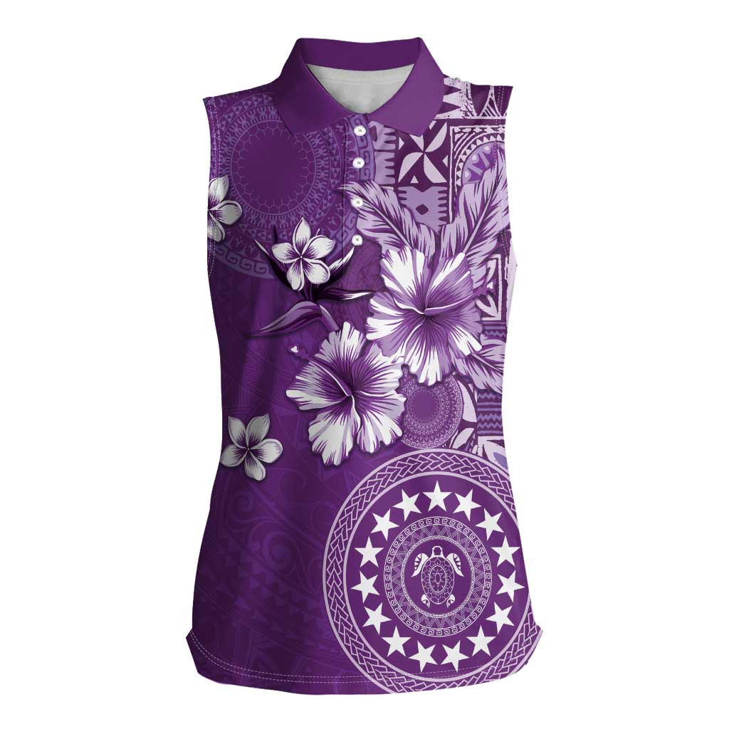 Cook Islands Women Sleeveless Polo Shirt Purple Hibiscus And Stars