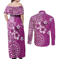 Cook Islands Couples Matching Off Shoulder Maxi Dress and Long Sleeve Button Shirt Fandango Hibiscus And Stars LT05 - Polynesian Pride