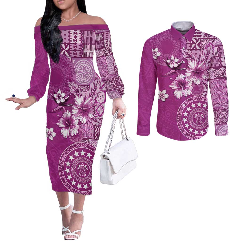 Cook Islands Couples Matching Off The Shoulder Long Sleeve Dress and Long Sleeve Button Shirt Fandango Hibiscus And Stars
