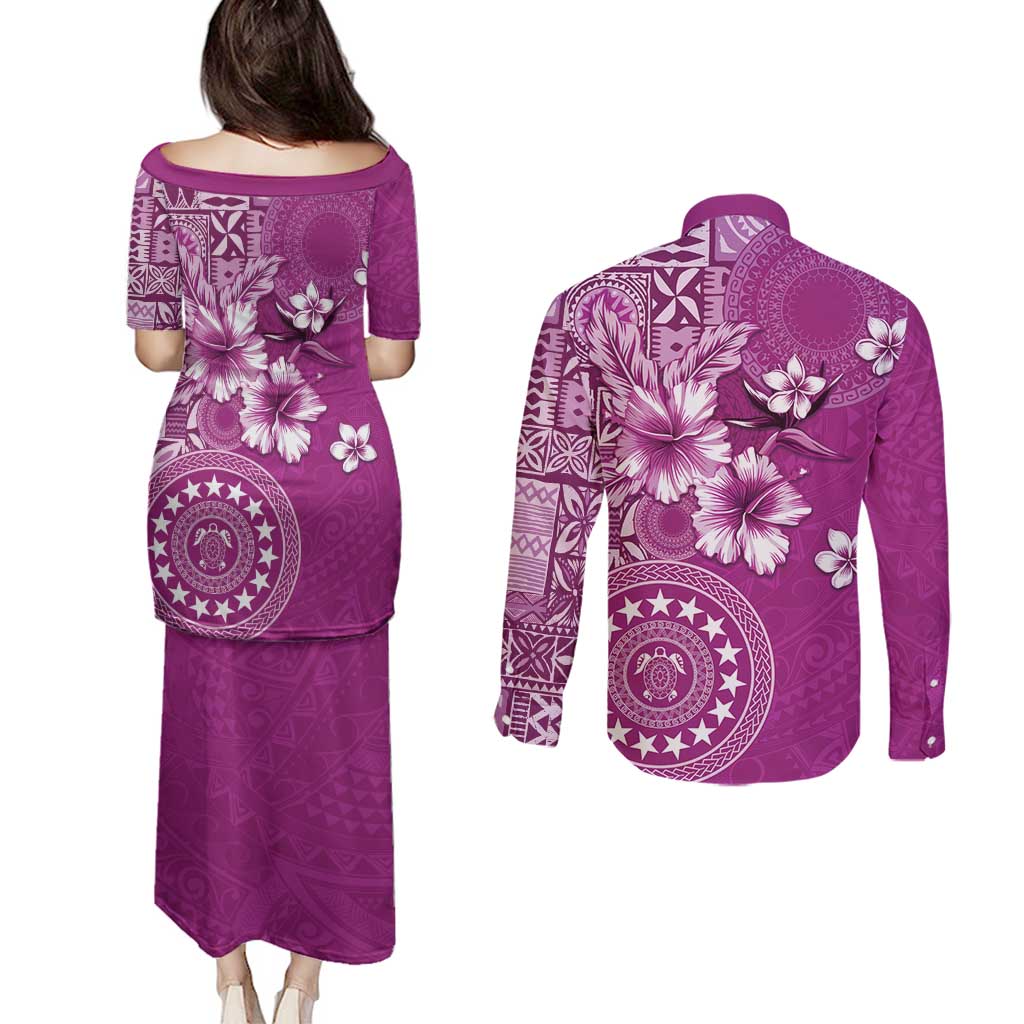 Cook Islands Couples Matching Puletasi and Long Sleeve Button Shirt Fandango Hibiscus And Stars LT05 - Polynesian Pride