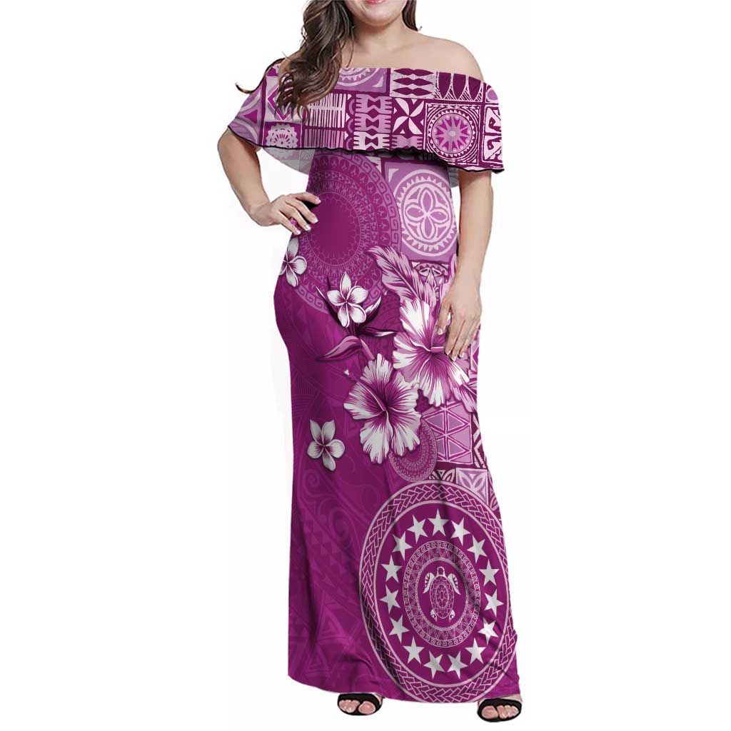 Cook Islands Family Matching Off Shoulder Maxi Dress and Hawaiian Shirt Fandango Hibiscus And Stars