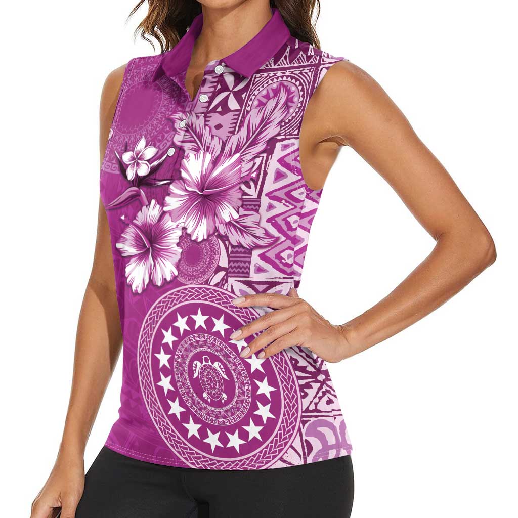 Cook Islands Women Sleeveless Polo Shirt Fandango Hibiscus And Stars