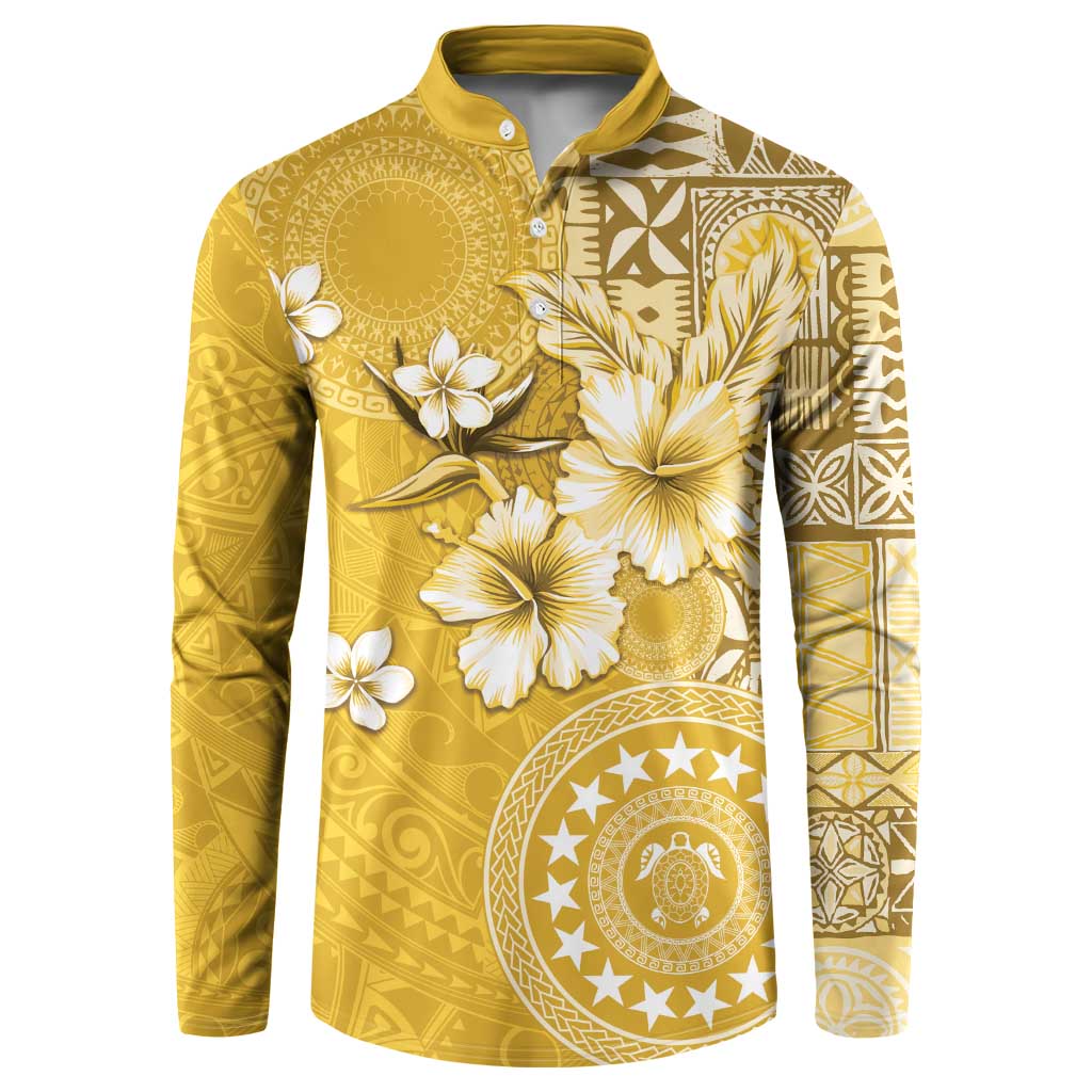 Cook Islands Button Sweatshirt Yellow Hibiscus And Stars LT05 Yellow - Polynesian Pride