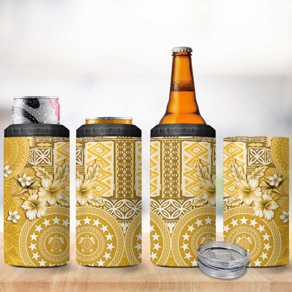 Cook Islands 4 in 1 Can Cooler Tumbler Yellow Hibiscus And Stars LT05 - Polynesian Pride