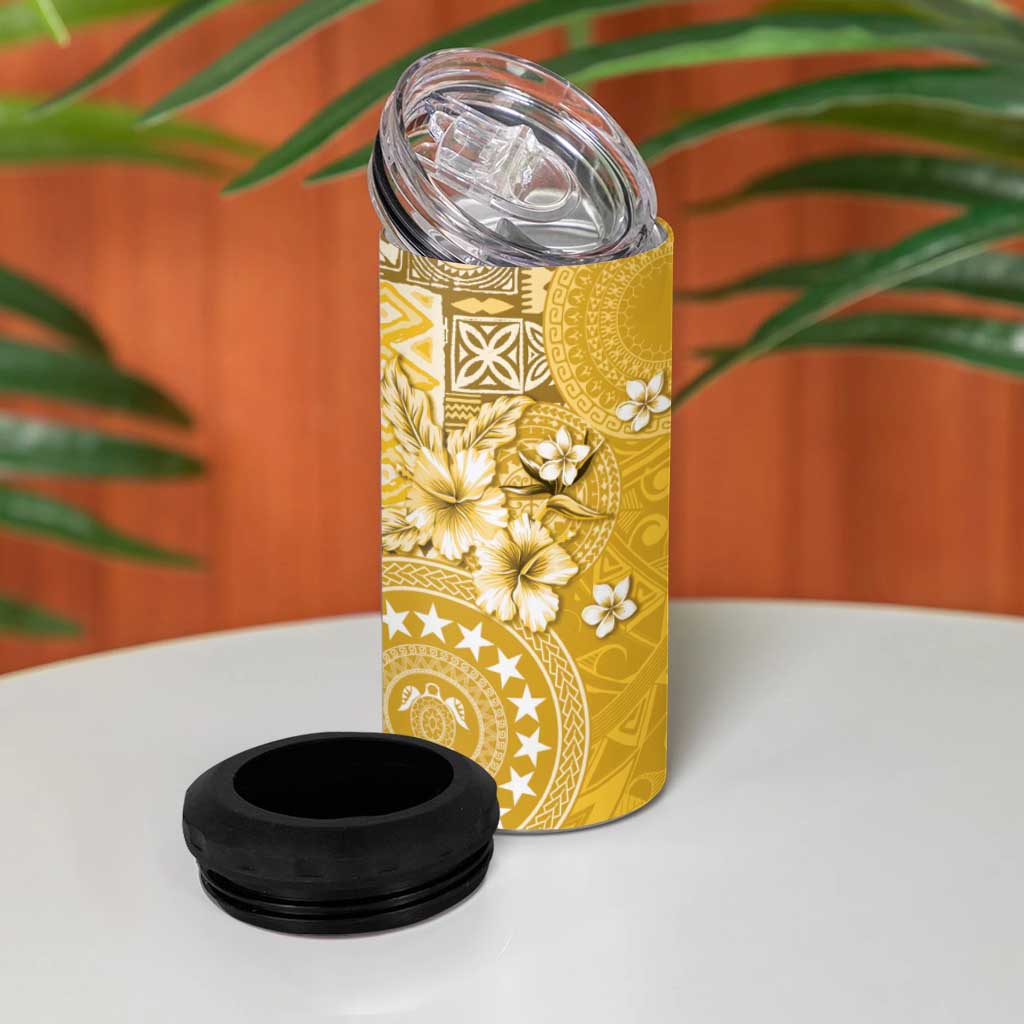 Cook Islands 4 in 1 Can Cooler Tumbler Yellow Hibiscus And Stars LT05 - Polynesian Pride