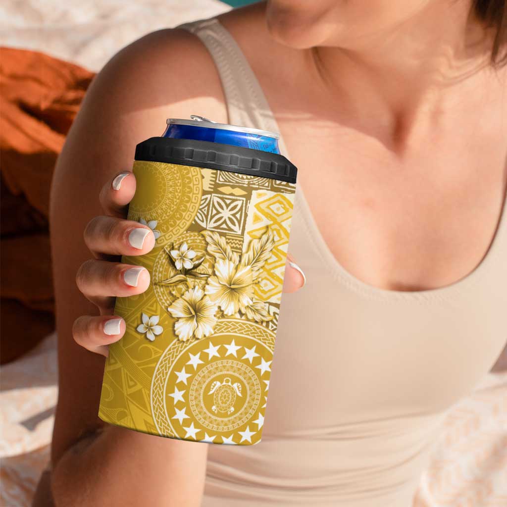Cook Islands 4 in 1 Can Cooler Tumbler Yellow Hibiscus And Stars LT05 - Polynesian Pride