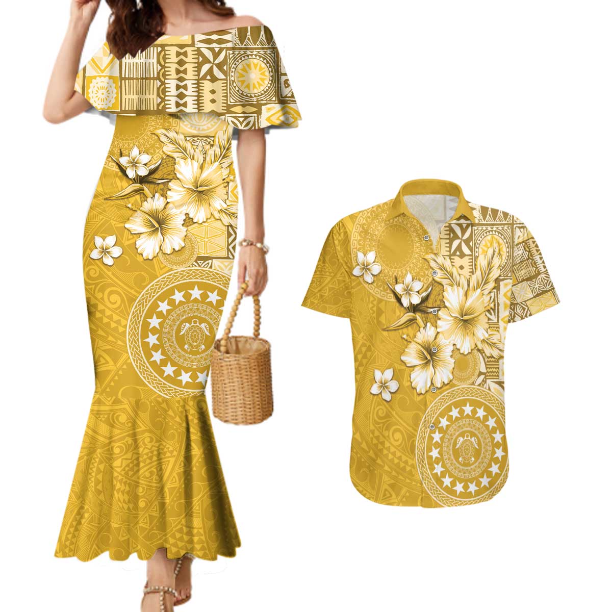 Cook Islands Couples Matching Mermaid Dress and Hawaiian Shirt Yellow Hibiscus And Stars LT05 Yellow - Polynesian Pride