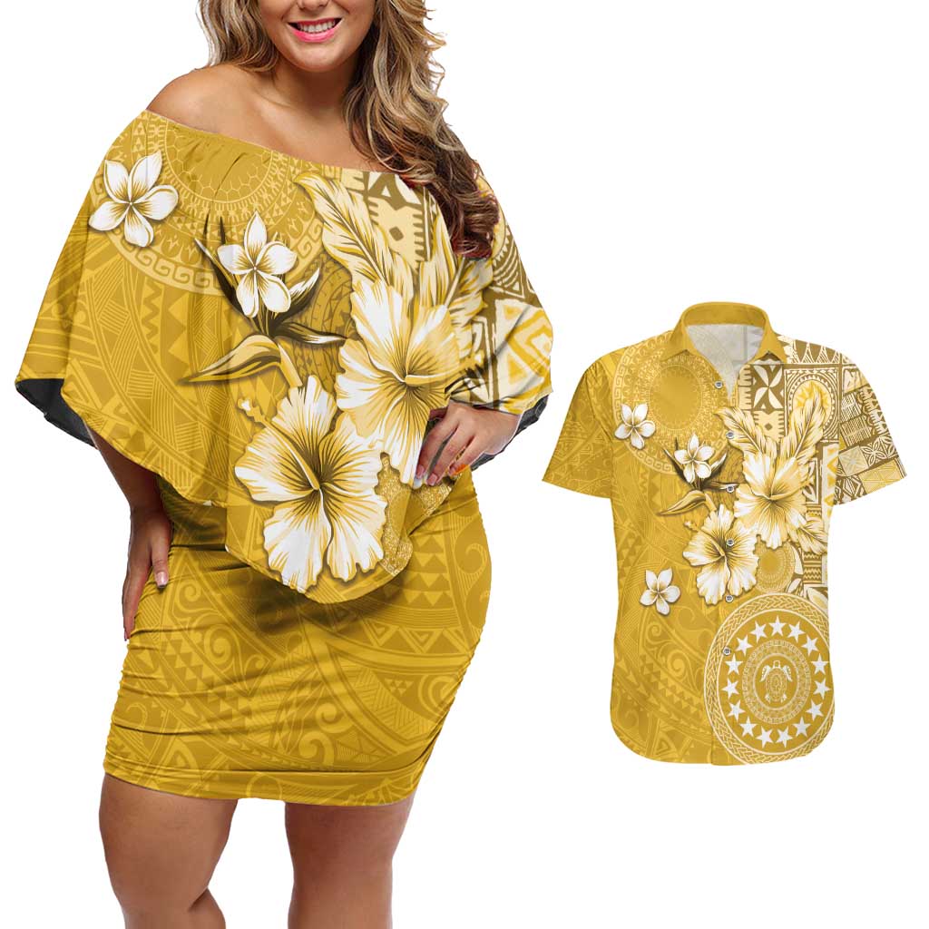 Cook Islands Couples Matching Off Shoulder Short Dress and Hawaiian Shirt Yellow Hibiscus And Stars LT05 Yellow - Polynesian Pride