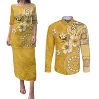 Cook Islands Couples Matching Puletasi and Long Sleeve Button Shirt Yellow Hibiscus And Stars LT05 Yellow - Polynesian Pride