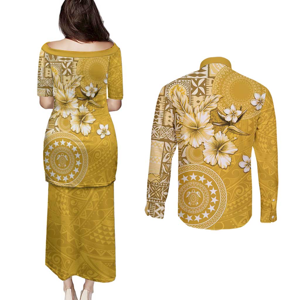 Cook Islands Couples Matching Puletasi and Long Sleeve Button Shirt Yellow Hibiscus And Stars LT05 - Polynesian Pride