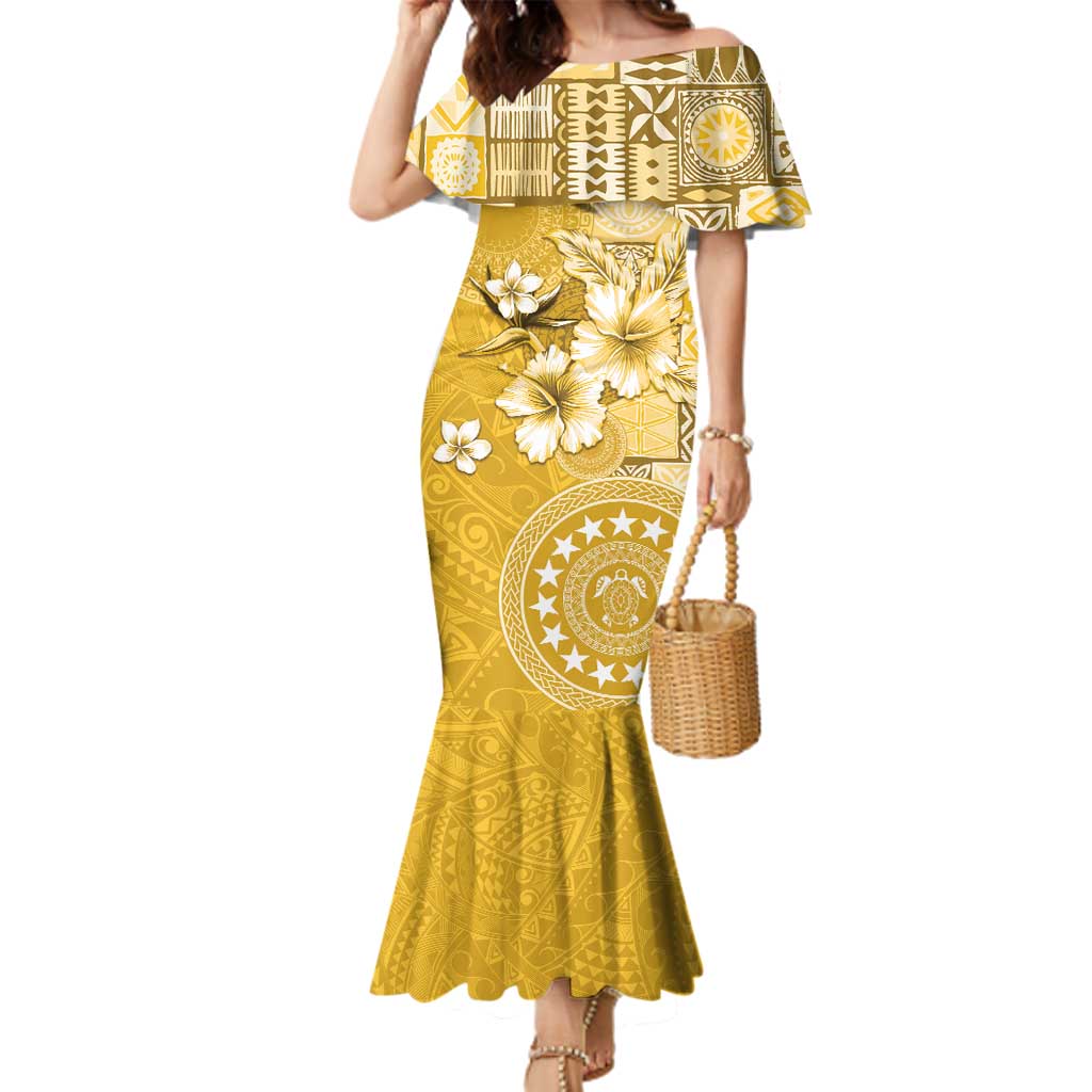 Cook Islands Family Matching Mermaid Dress and Hawaiian Shirt Yellow Hibiscus And Stars