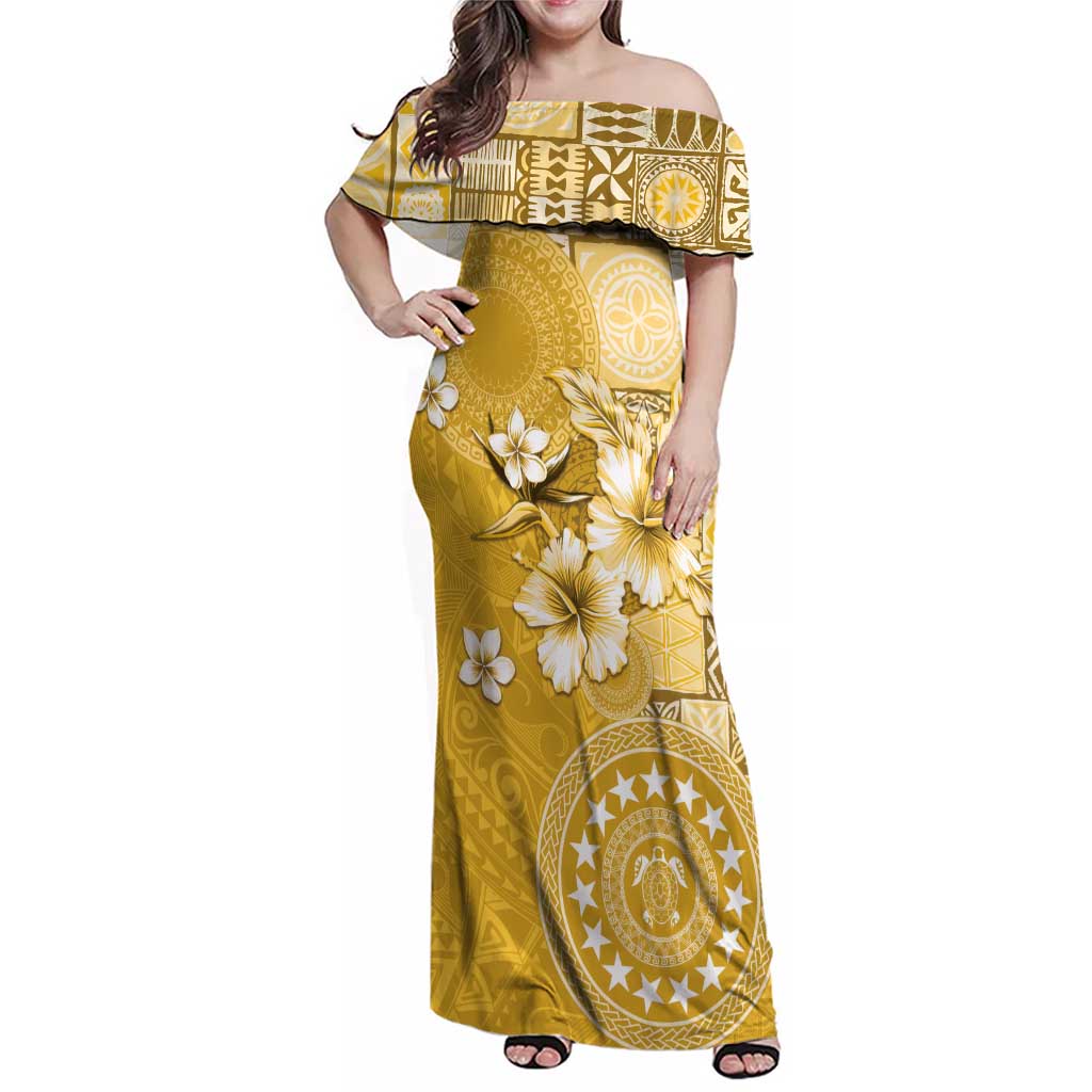 Cook Islands Family Matching Off Shoulder Maxi Dress and Hawaiian Shirt Yellow Hibiscus And Stars