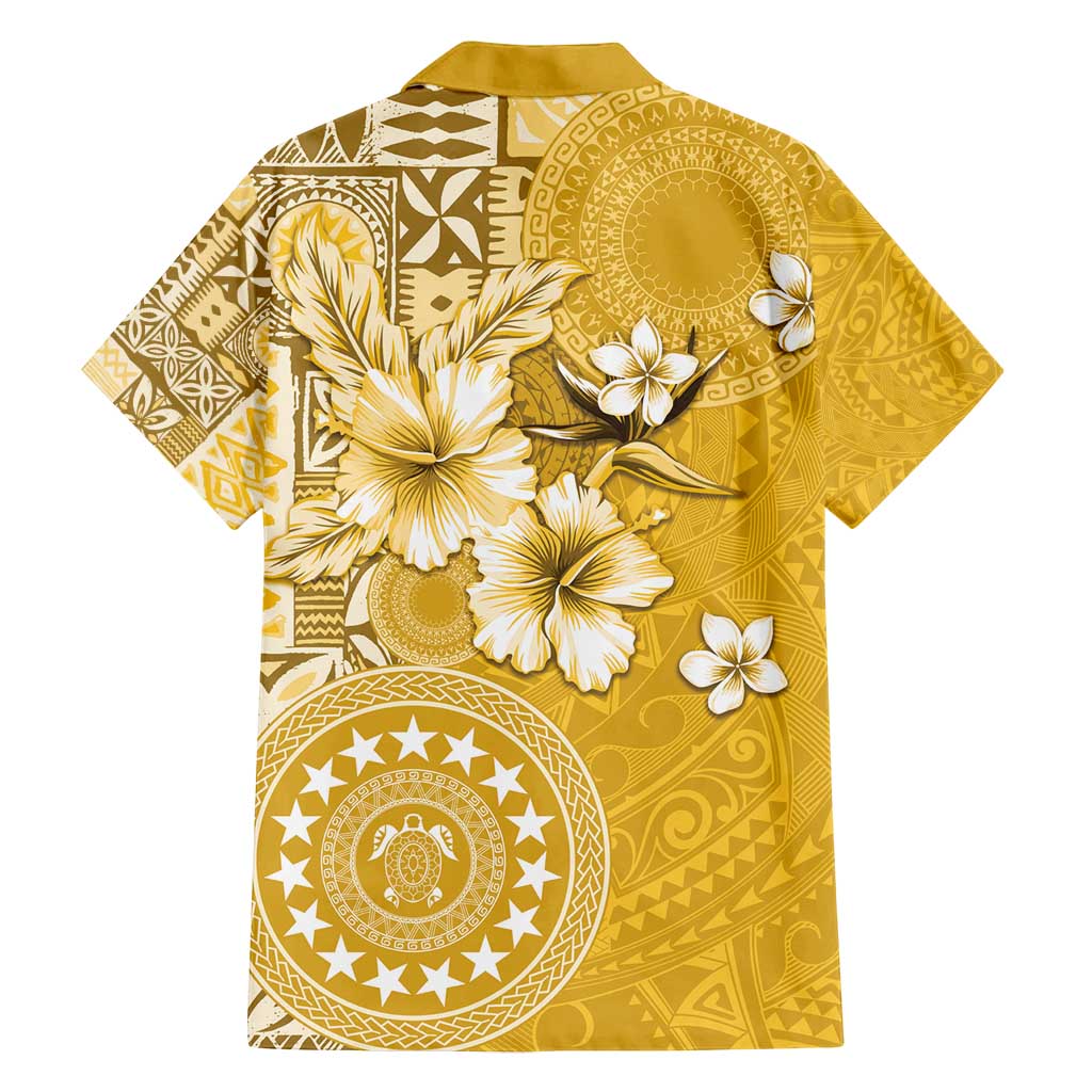 Cook Islands Family Matching Off Shoulder Short Dress and Hawaiian Shirt Yellow Hibiscus And Stars