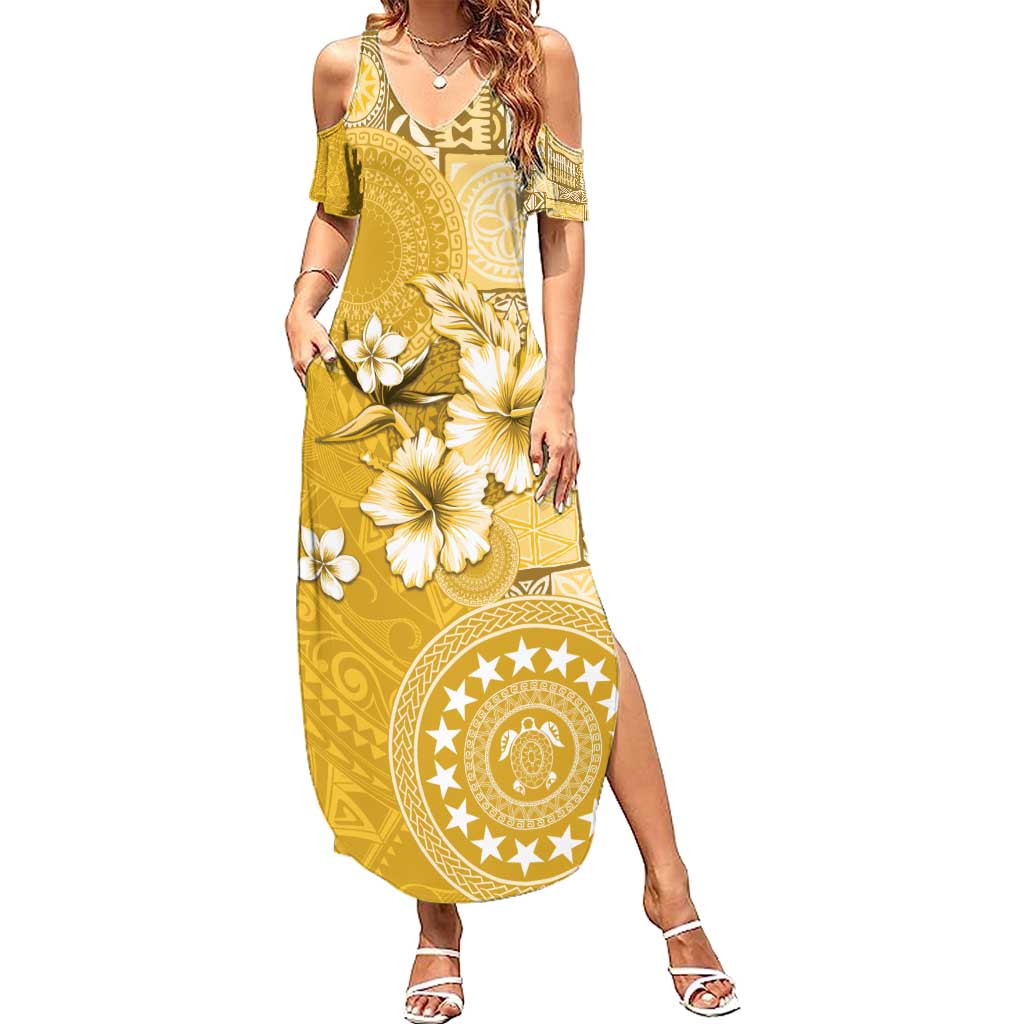 Cook Islands Family Matching Summer Maxi Dress and Hawaiian Shirt Yellow Hibiscus And Stars