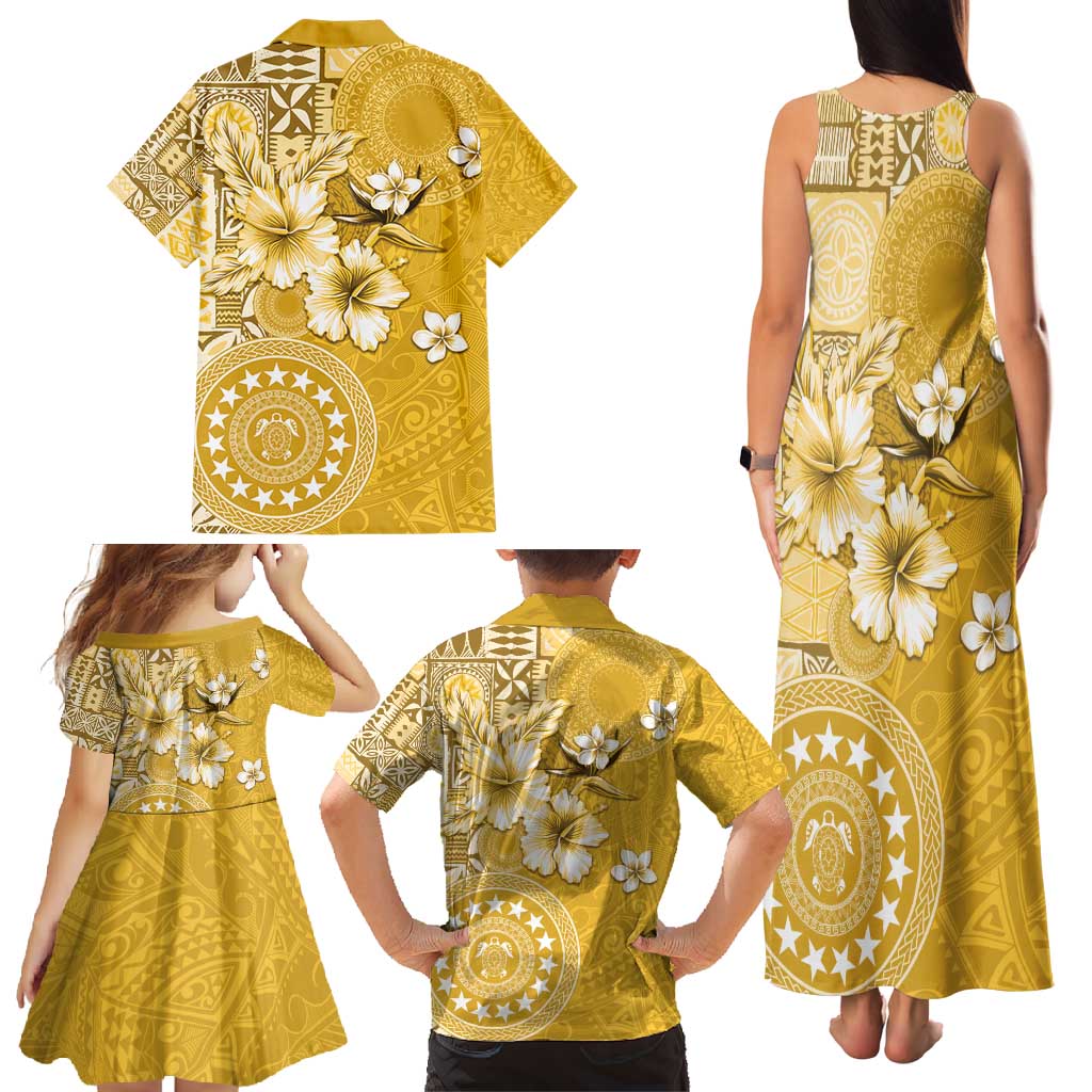 Cook Islands Family Matching Tank Maxi Dress and Hawaiian Shirt Yellow Hibiscus And Stars