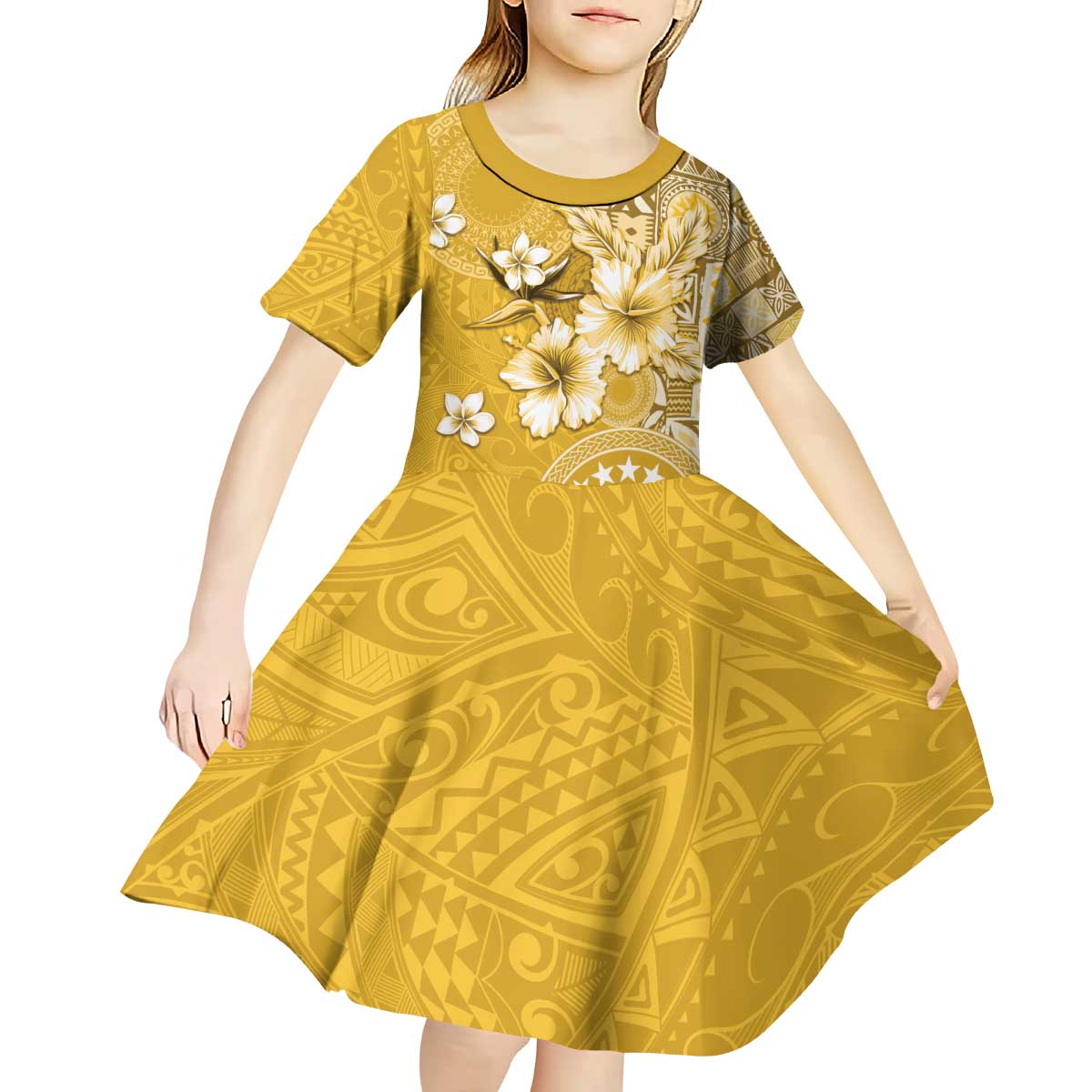Cook Islands Kid Short Sleeve Dress Yellow Hibiscus And Stars