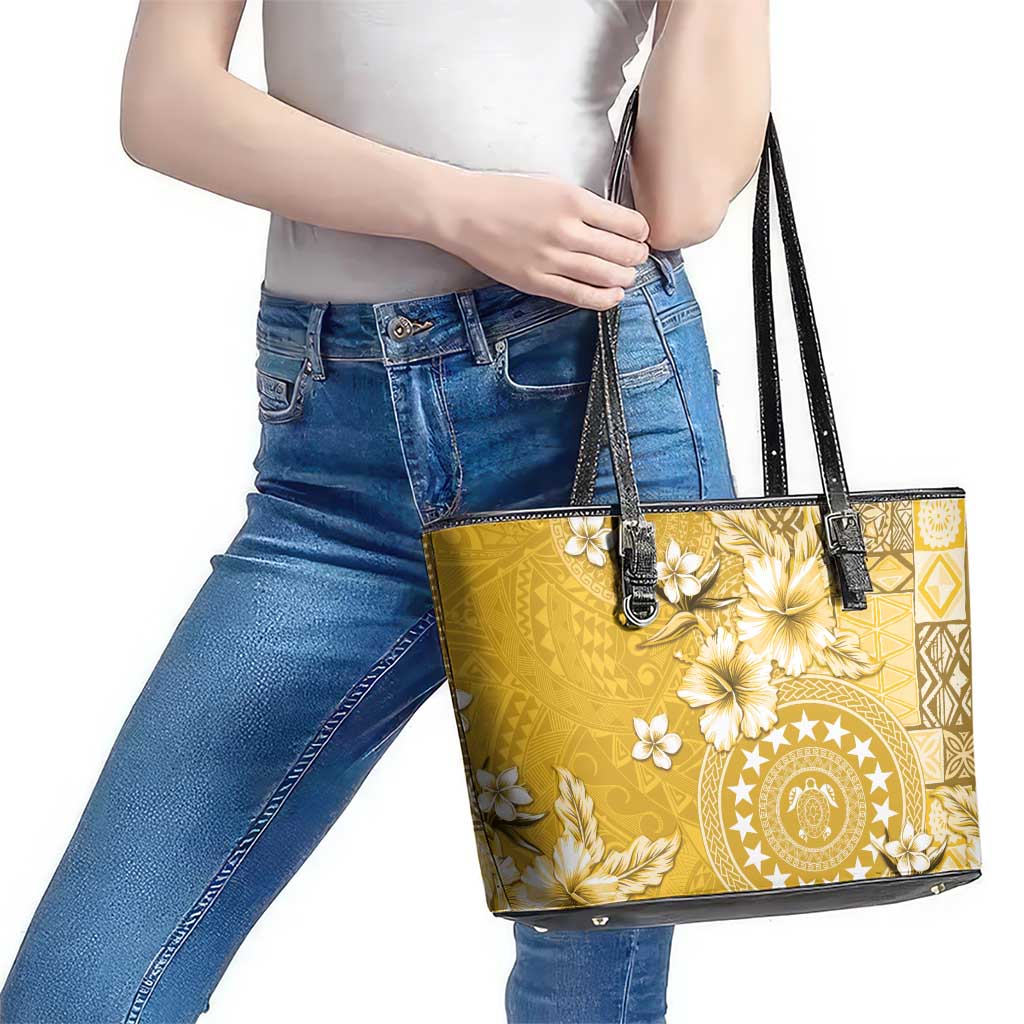 Cook Islands Leather Tote Bag Yellow Hibiscus And Stars