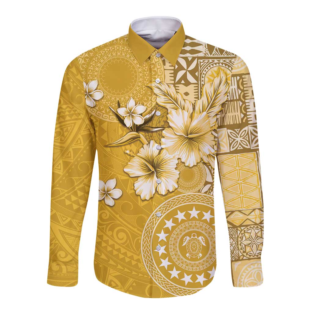 Cook Islands Long Sleeve Button Shirt Yellow Hibiscus And Stars LT05 Unisex Yellow - Polynesian Pride