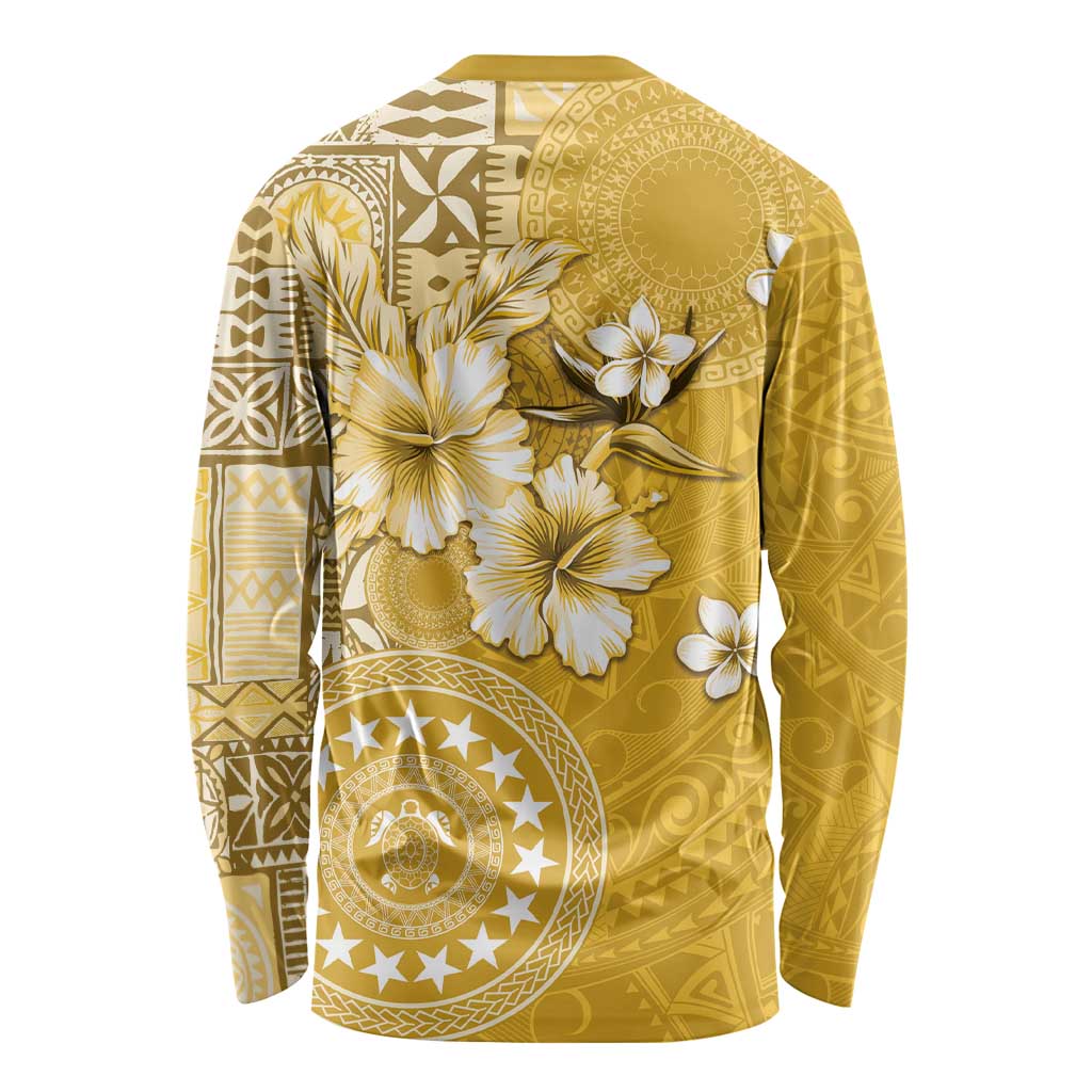 Cook Islands Long Sleeve Shirt Yellow Hibiscus And Stars LT05 - Polynesian Pride