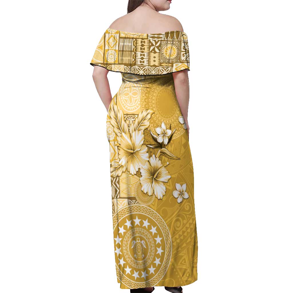 Cook Islands Off Shoulder Maxi Dress Yellow Hibiscus And Stars LT05 - Polynesian Pride