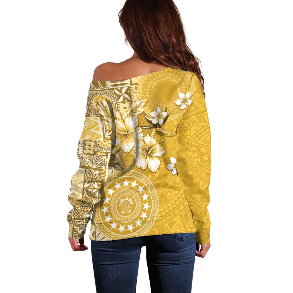 Cook Islands Off Shoulder Sweater Yellow Hibiscus And Stars