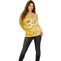 Cook Islands Off Shoulder Sweater Yellow Hibiscus And Stars