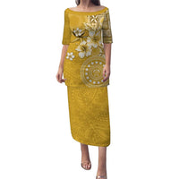 Cook Islands Puletasi Yellow Hibiscus And Stars LT05 Long Dress Yellow - Polynesian Pride