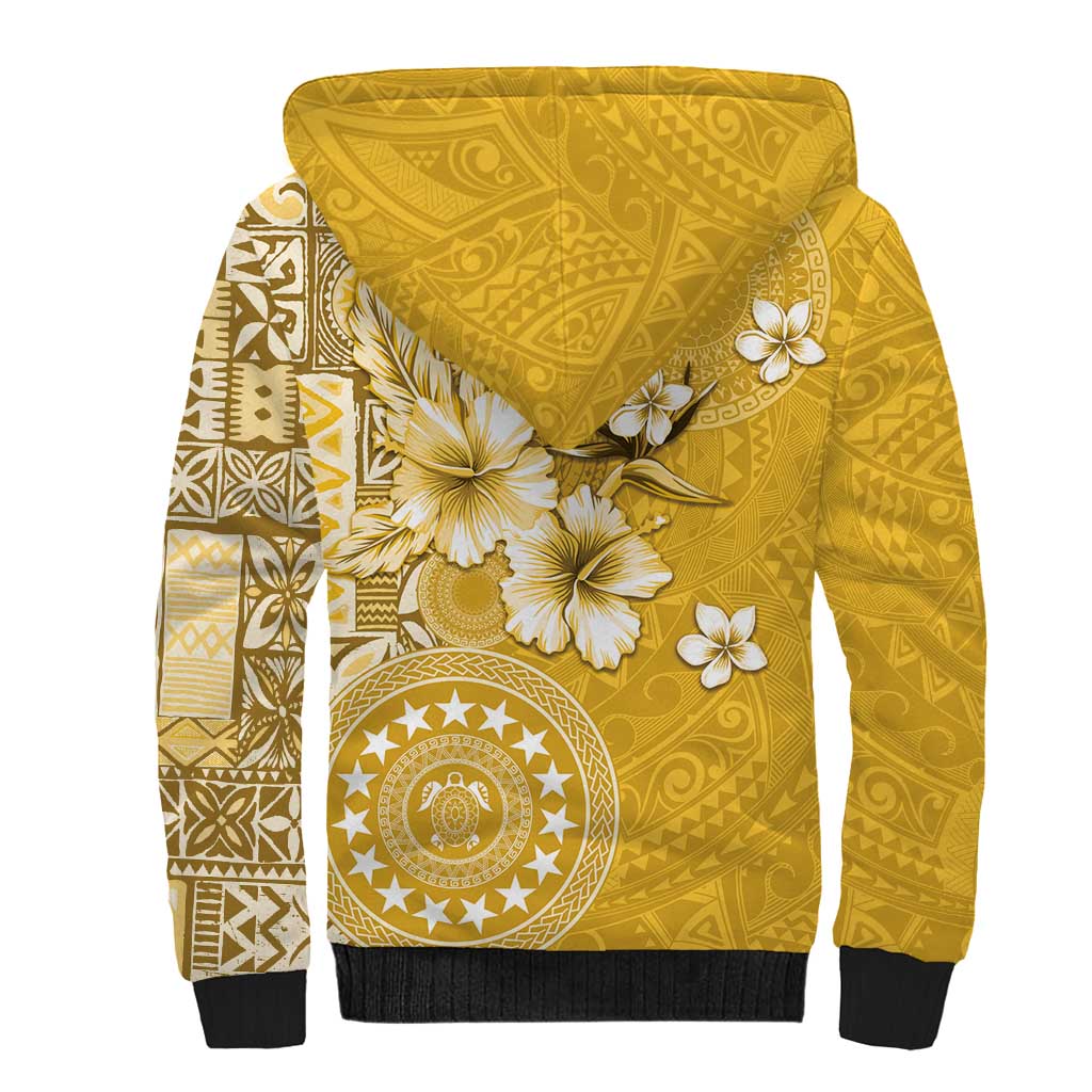 Cook Islands Sherpa Hoodie Yellow Hibiscus And Stars LT05 - Polynesian Pride