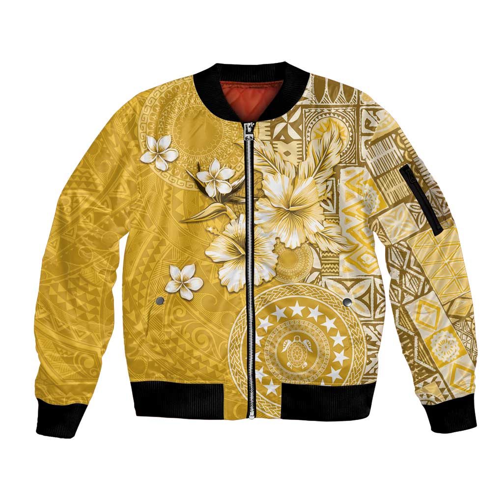 Cook Islands Sleeve Zip Bomber Jacket Yellow Hibiscus And Stars