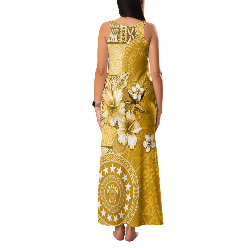 Cook Islands Tank Maxi Dress Yellow Hibiscus And Stars LT05 - Polynesian Pride