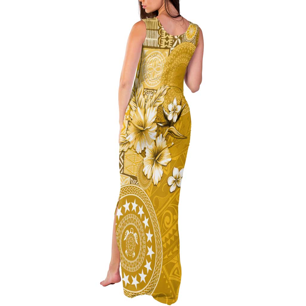 Cook Islands Tank Maxi Dress Yellow Hibiscus And Stars LT05 - Polynesian Pride