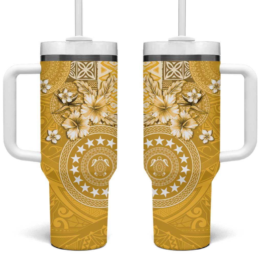 Cook Islands Tumbler With Handle Yellow Hibiscus And Stars LT05 One Size: 40 oz Yellow - Polynesian Pride