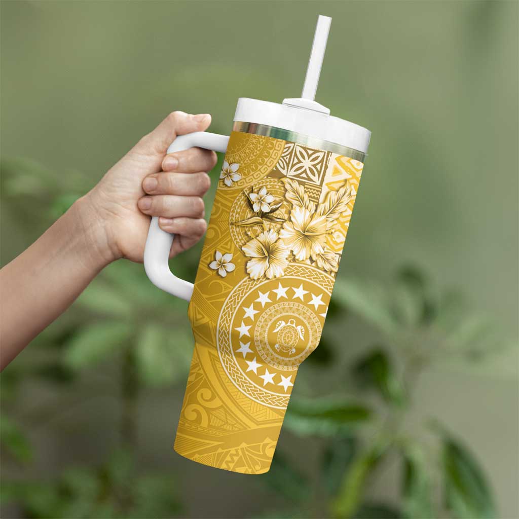 Cook Islands Tumbler With Handle Yellow Hibiscus And Stars LT05 - Polynesian Pride