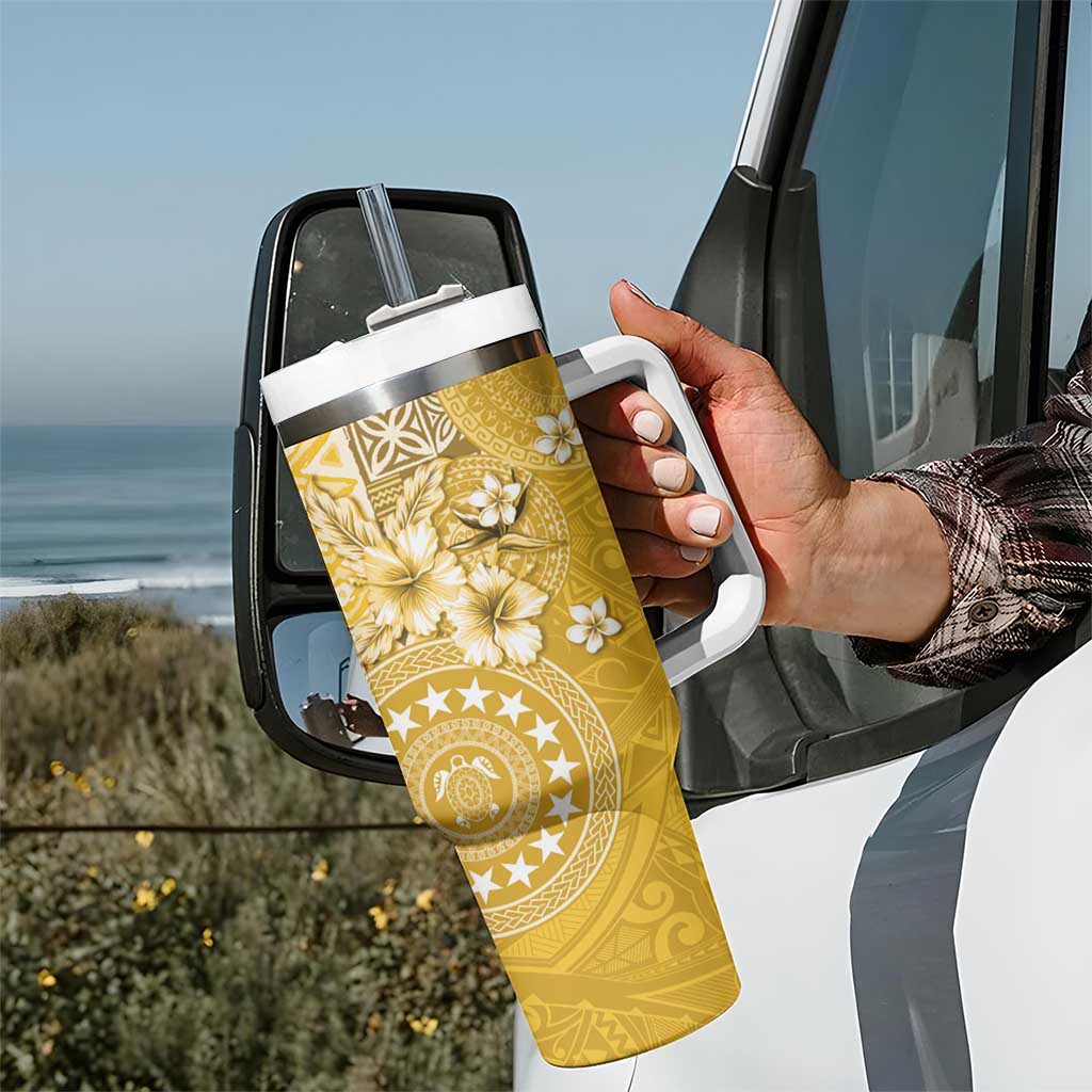 Cook Islands Tumbler With Handle Yellow Hibiscus And Stars LT05 - Polynesian Pride