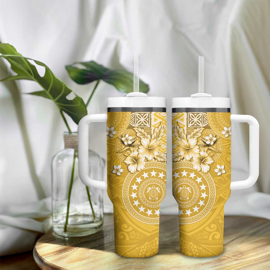 Cook Islands Tumbler With Handle Yellow Hibiscus And Stars LT05 - Polynesian Pride